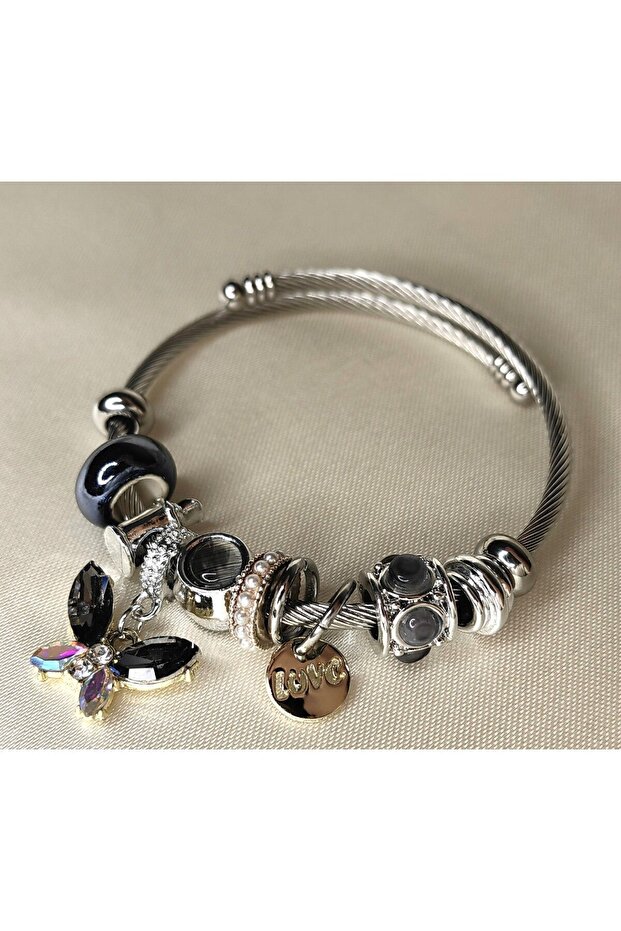 Steel Bracelet with Butterfly and Love Charm