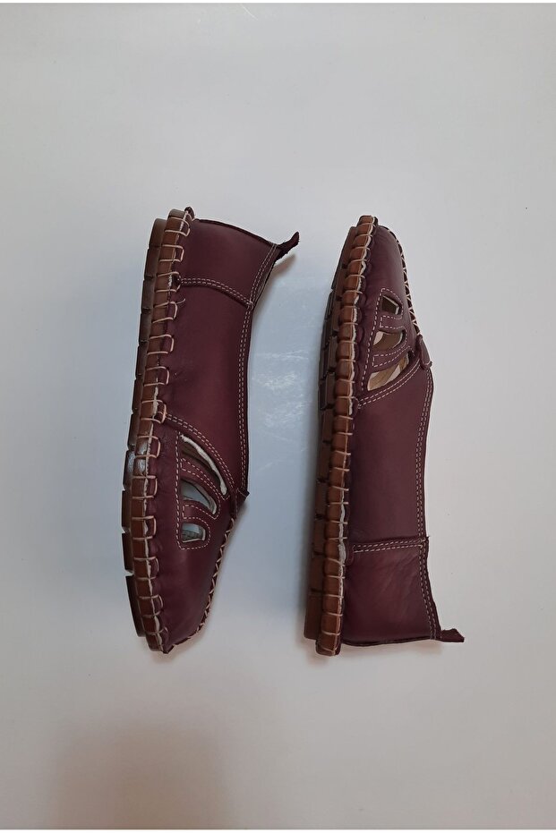 Inside and Outside Genuine Leather Burgundy Color Orthopedic Sandal Ballerinas