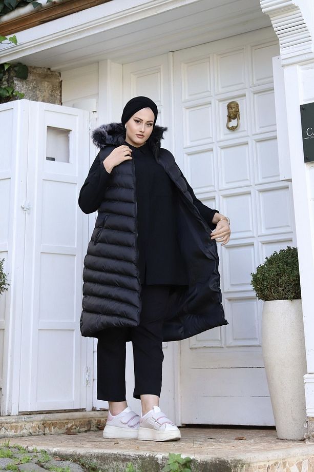 Kadın Uzun Çıkarılabilir Kapüşonlu Su Geçirmez Büyük Beden Dolum Şişme Yelek - 5