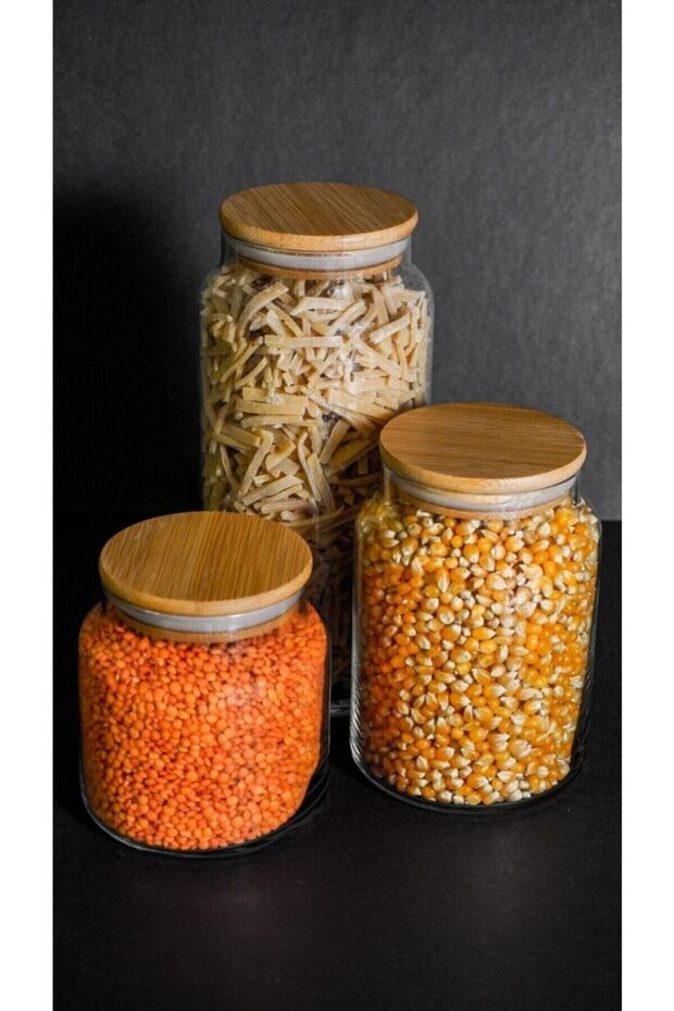 3-Piece Glass Jar with Wooden Lid 1300-800-500 Ml