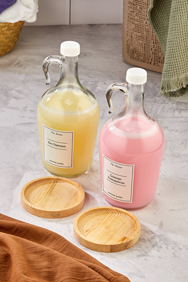 2'li Ahşap Standlı 1500 Ml Çamaşır Yumuşatıcı & Sıvı Deterjan Şişesi  1.5 Litre Galon - 2