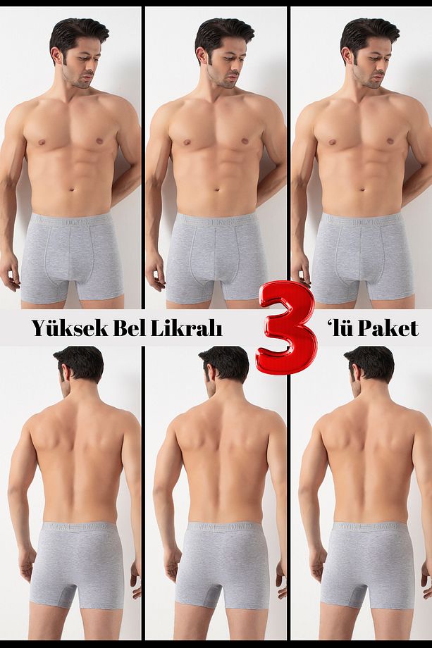 3'lü Erkek Yüksek Bel Likralı Boxer - 1