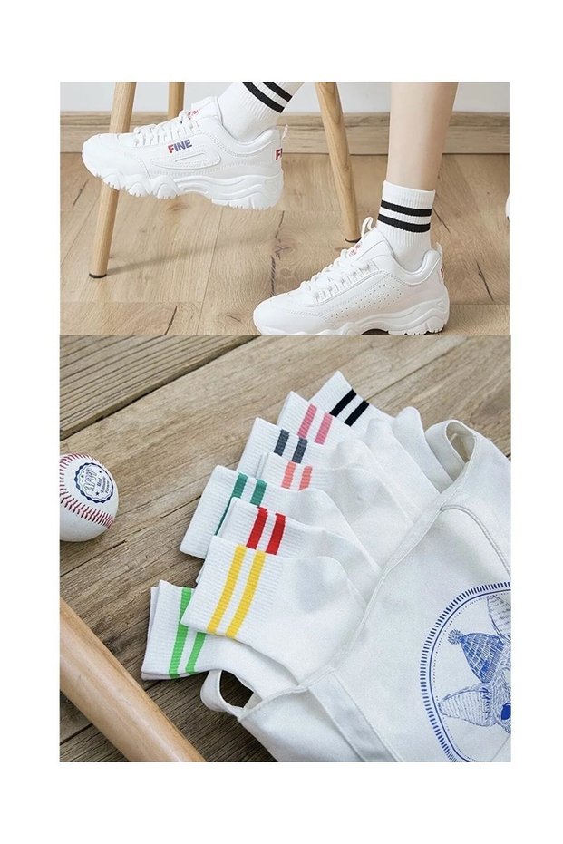 6 Pairs Unisex Washable College Socks with Different Colored Stripes on White