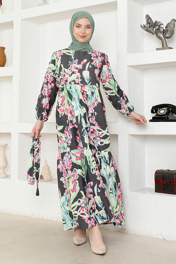 Çiçekli Elbise ZNK4663 Antrasit - 2