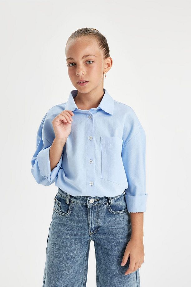 Kız Çocuk Oversize Geniş Kalıp Poplin Uzun Kollu Basic Düz Okul Gömleği C7482a824au - 1