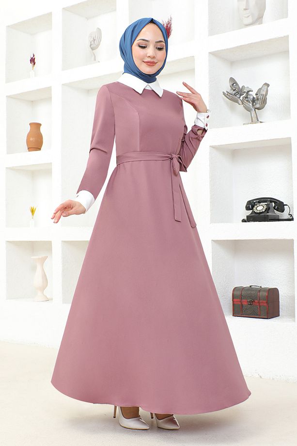 Kuşaklı Elbise ASM2687 Gül Kurusu - 2
