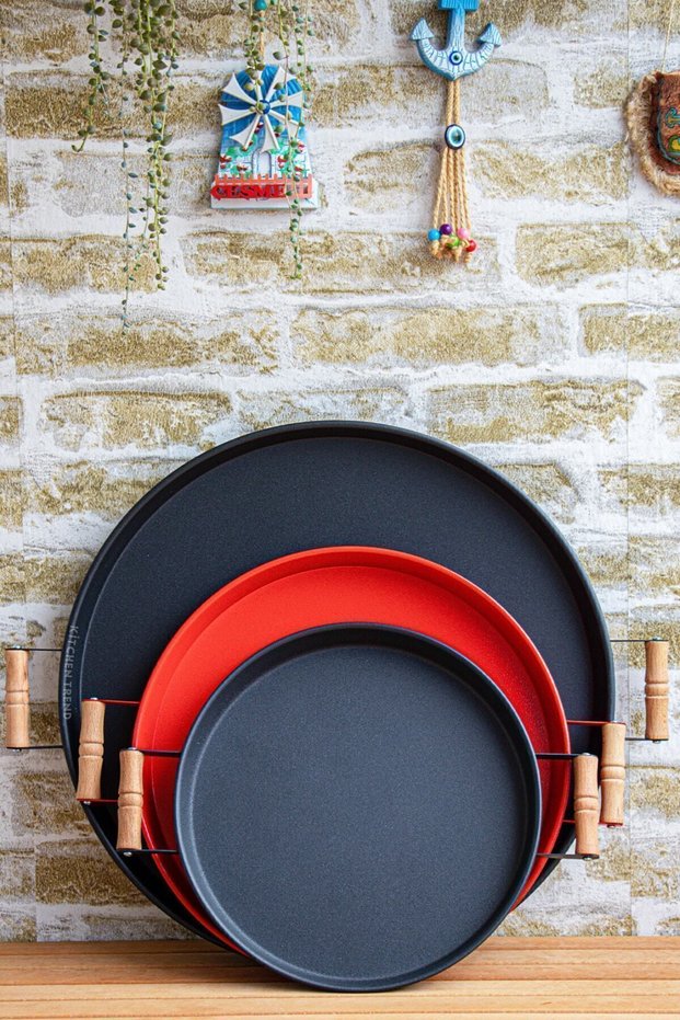 3 Piece 45black, 37red, 30black Metal Tray with Wooden Handles Tea Tray Presentation Tray Set
