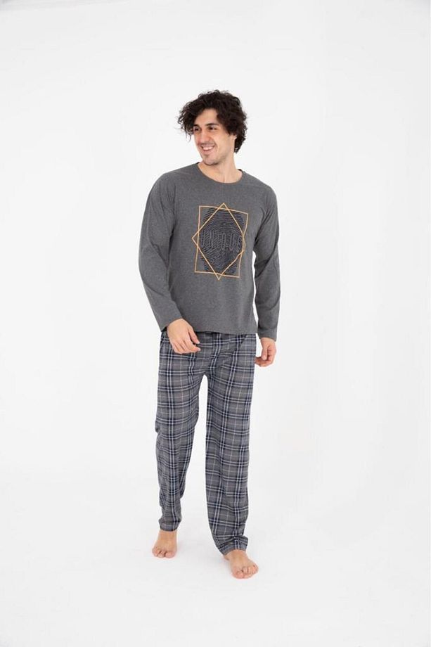 Erkek Ekose Yazlık Uzun Kollu % 100 Pamuklu Pijama Takımı - 1