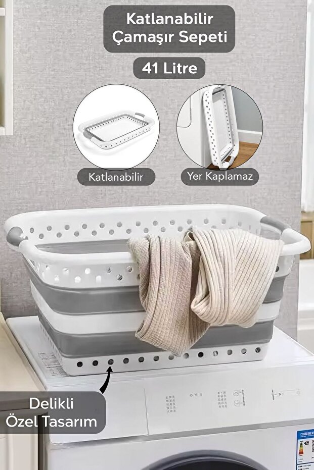 Meleni Home Katlanabilir Silikon Çamaşır Sepeti, Akordiyon Mega Boy Katlanır Çamaşır Sepeti