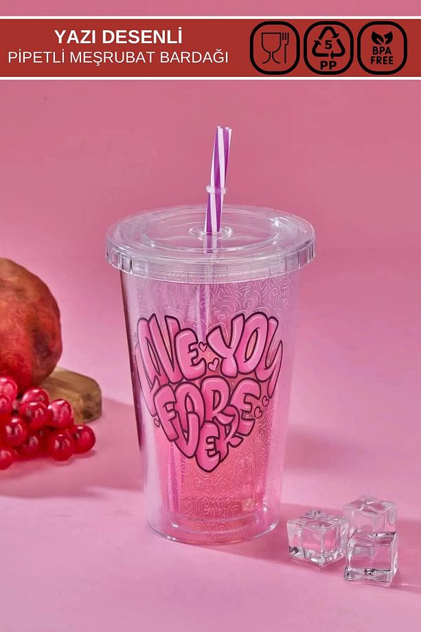 Pembe Desenli 500 ML Çift Katmanlı Mika Meşrubat Bardağı - Pipetli Bardak - 1