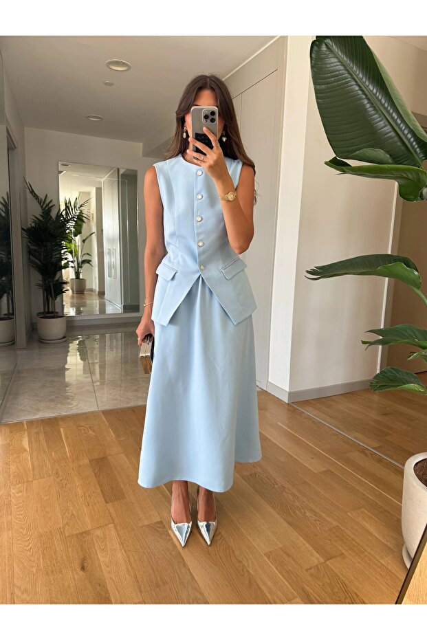 Asymmetrical Vest and Long Skirt Set - Pearl Button Detail