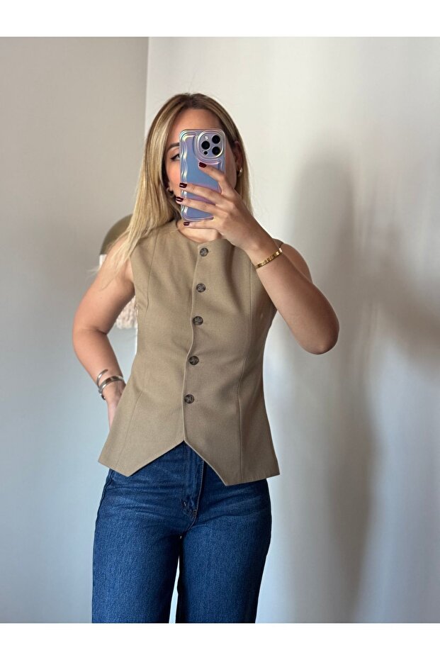 Camel düğmeli yelek - 2