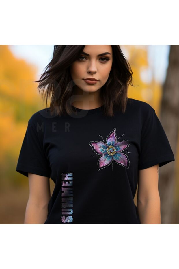 Flora Tropical Crystal Embellished and Printed 100% Cotton Premium Black T-Shirt