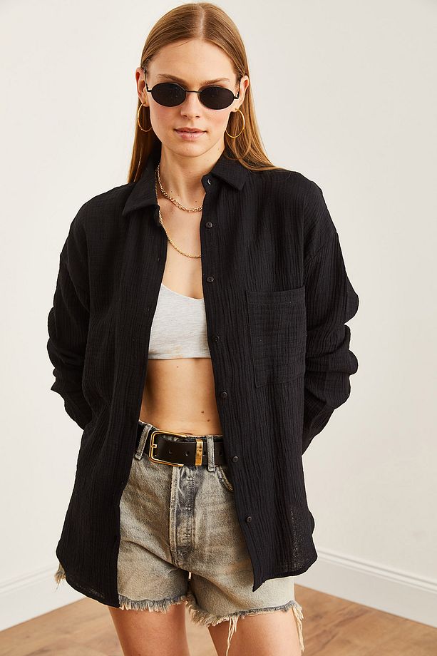 Kadın Siyah Oversize Basic Müslin Gömlek GML-19001217 - 3