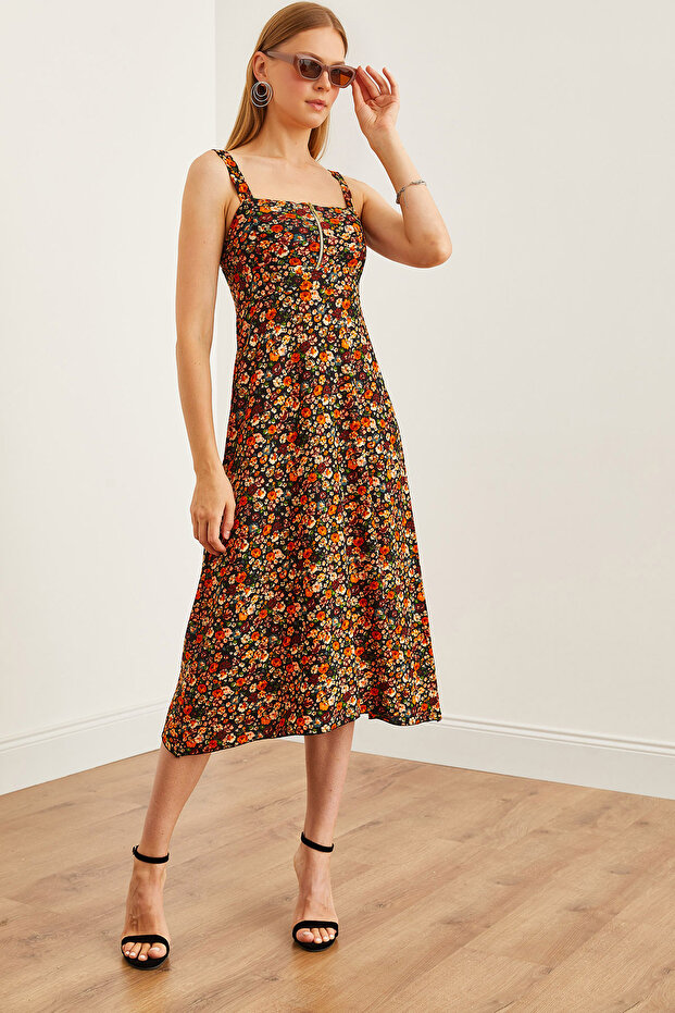 Kadın Çok Renkli Fermuarlı Desenli Elbise ELB-19000615 - 1