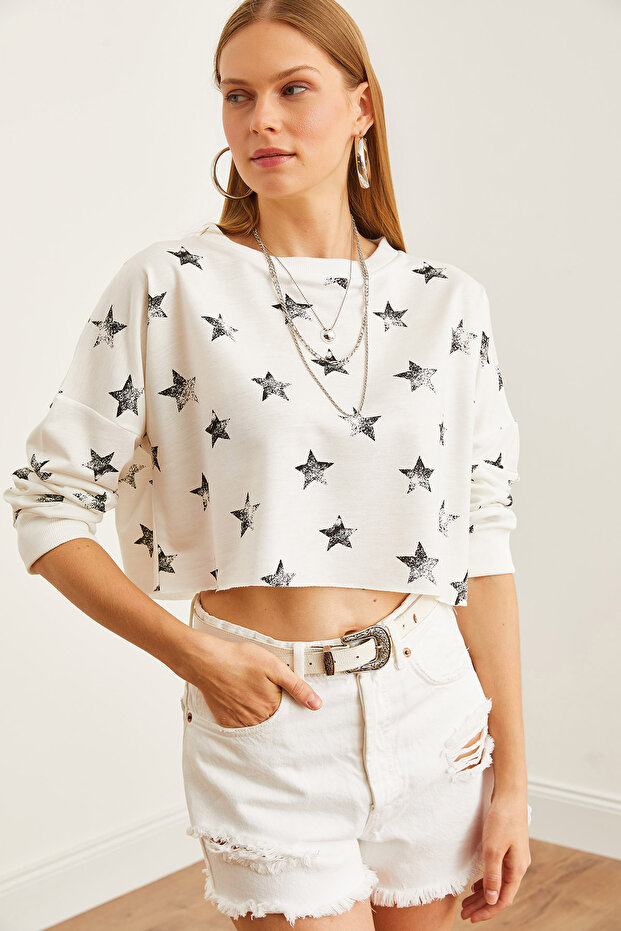 Women's Foil White Printed Crop Slim Sweatshirt Swt-19000652
