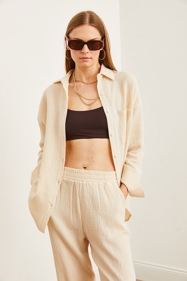 Kadın Taş Oversize Basic Müslin Gömlek GML-19001217 - 6