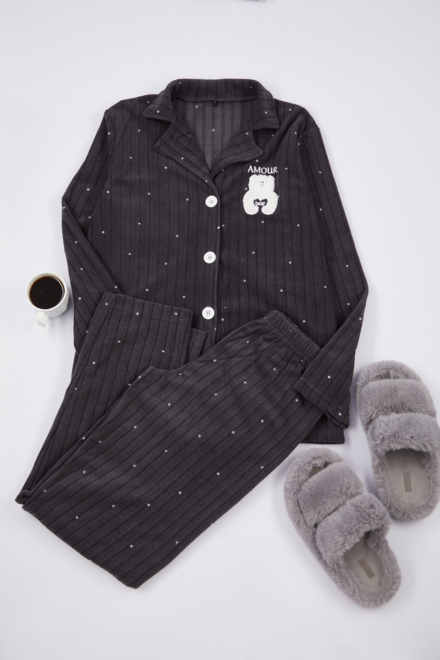 Antrasit Puantiyeli Hayvan Baskılı Polar Kışlık Örme Pijama Takımı THMAW24PT00176 - 3