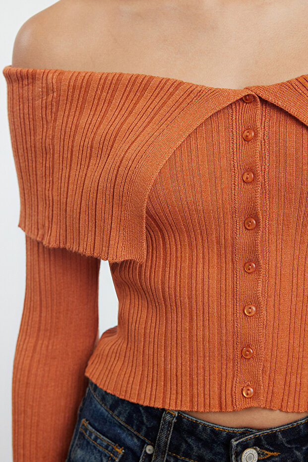 Turuncu Crop Premium İplik/Özel İplik Fitted/Vücudu Saran Triko Hırka TWOAW25HI00095 - 4