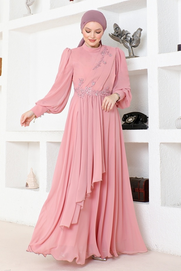 ABY5652 Model Dried Rose Chiffon Evening Dress