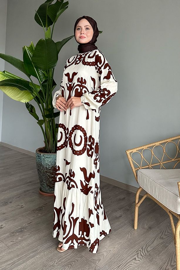 Tek Renk Desenli Acı Kahve Viskon Elbise - 5
