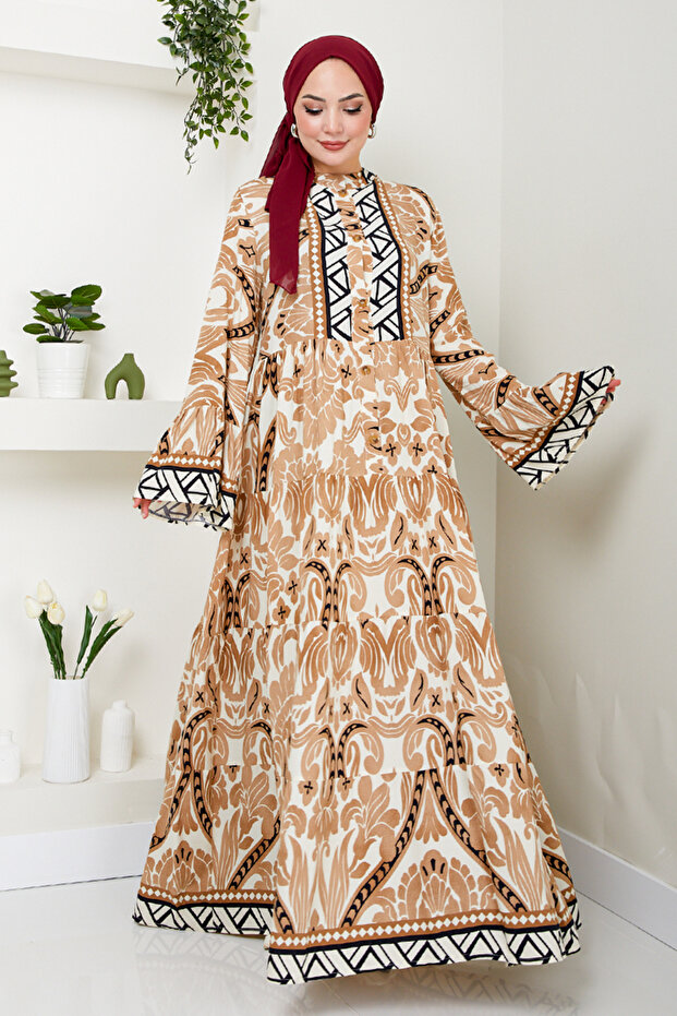فستان منقوش باللون البني - MDP7114 - 3