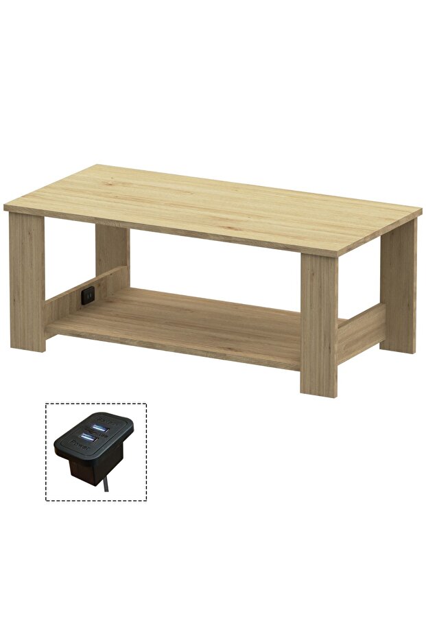 Modern Coffee Table with 2-Tier Storage & USB Port - Natural Davos Oak