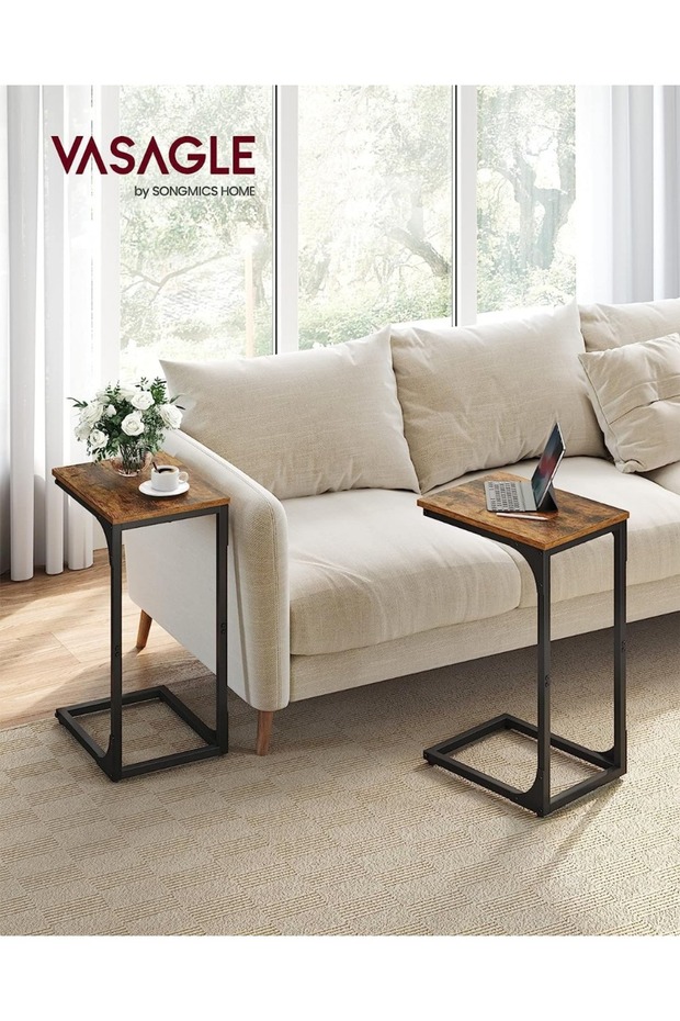 VASAGLE C-Shaped End Table Set of 2, Space-Saving Side Tables for Couch/Bed, Rustic Brown & Black - 2