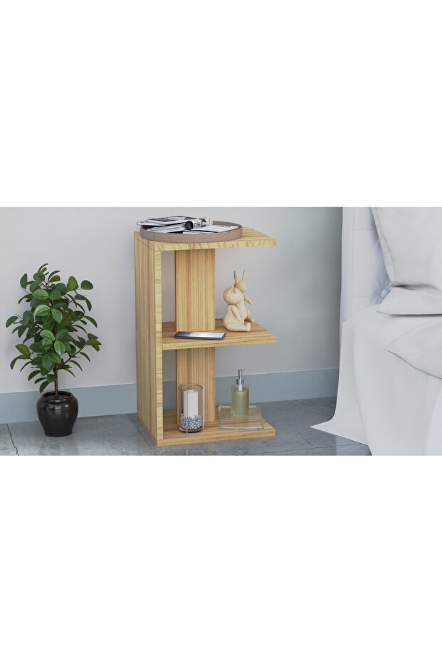 Modern E-Shape Nightstand, 3 Open Shelves, Easy Assembly, Coco Bolo - Versatile Use - 2