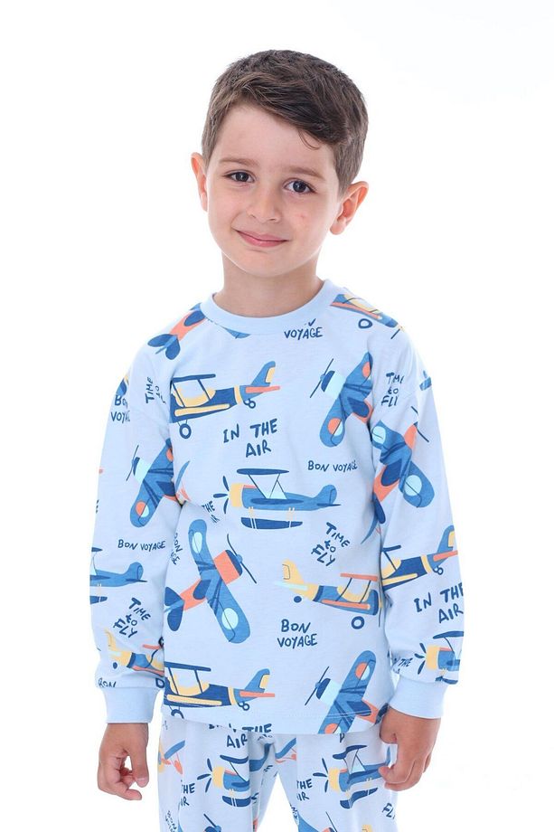 Uçak Baskılı %100 Pamuk Uzun Kollu Erkek Çocuk Pijama Takımı (3,4,5,6,7,8 YAŞ) - 3