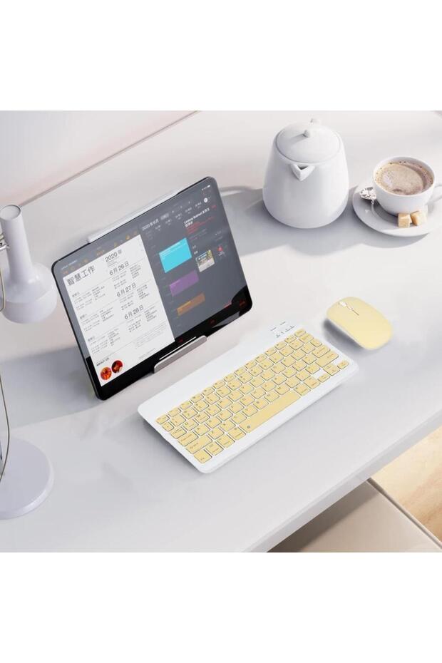 Apple iPad Pro 10. Nesil 10.9" Uyumlu Kablosuz Bluetooth Şarj Edilebilir Klavye Mouse Seti - Sarı - 6