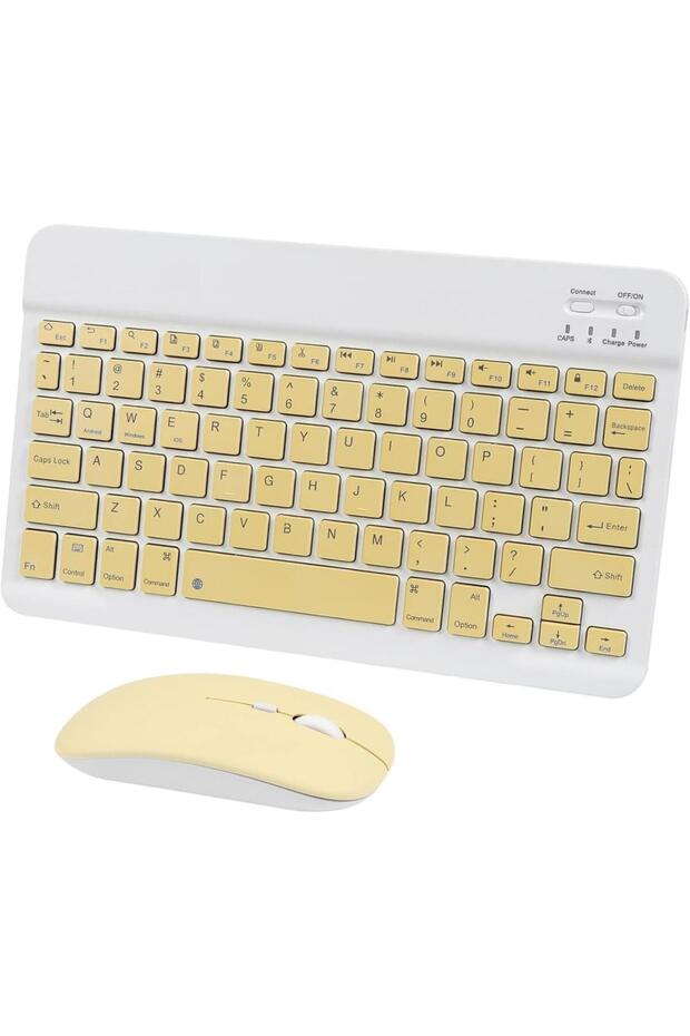 Apple iPad Pro 10. Nesil 10.9" Uyumlu Kablosuz Bluetooth Şarj Edilebilir Klavye Mouse Seti - Sarı - 1