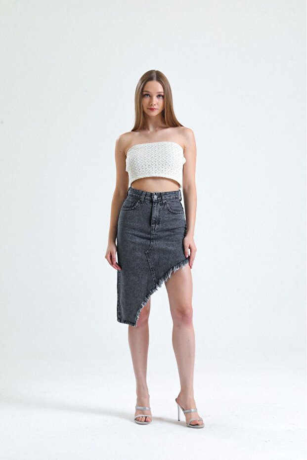 Kn Tasseled Denim Women's Asymmetrical Denim Skirt