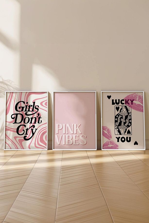 Pembe Tablo Seti, 3 Adet Beyaz Çerçeve ve Poster - Yatak Odası Dekoru, Mutfak, Salon Duvar Dekoru - 2