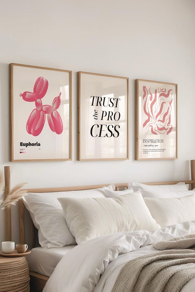 Soft Pembe Tablo Seti, 3 Adet Ahşap Çerçeve ve Poster - Yatak Odası, Mutfak, Salon Duvar Dekoru - 1