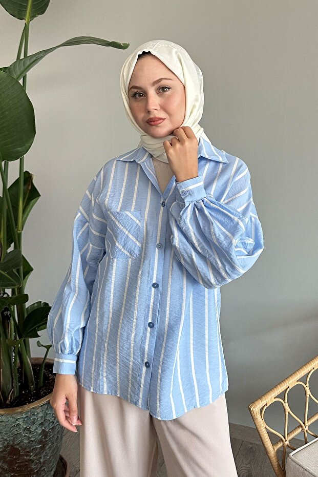 Striped Casual Baby Blue Shirt