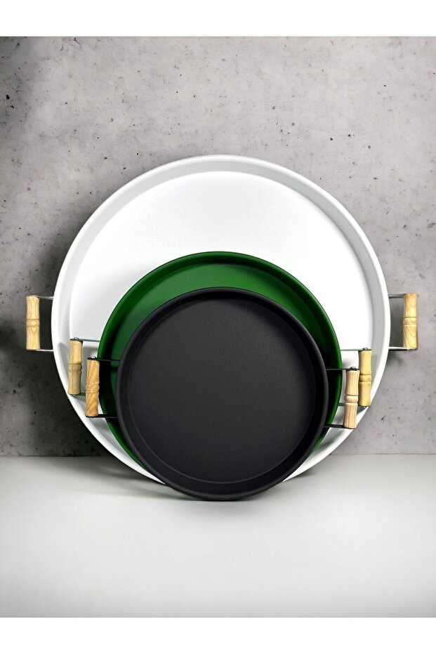3-Piece (51, 37, 30 CM) Wooden-Handled Metal Tray Tea Tray Coffee Tray Serving Tray Set