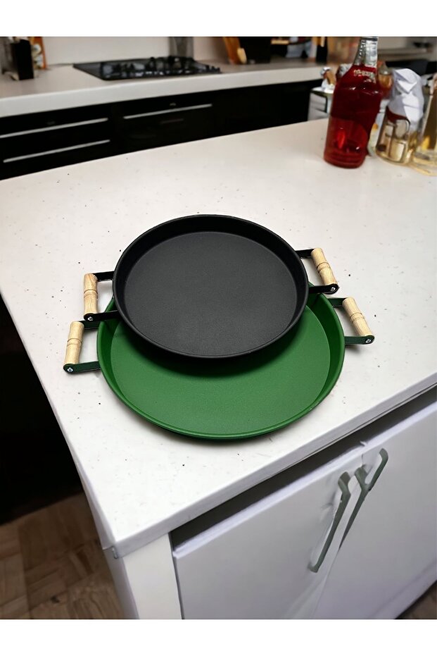 Set of 2 Wooden Handled 37 Cm Green and 30 Cm Black Trays Tea Coffee Presentation Tray 37 and 30cm