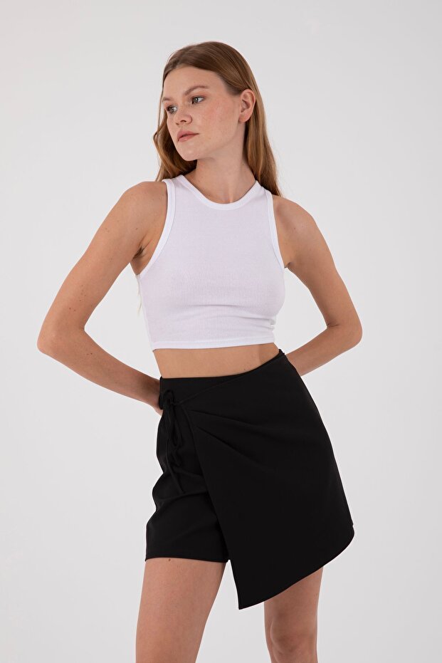 Beli Bağcıklı Anvelop Mini Şort-Etek - Siyah - 3