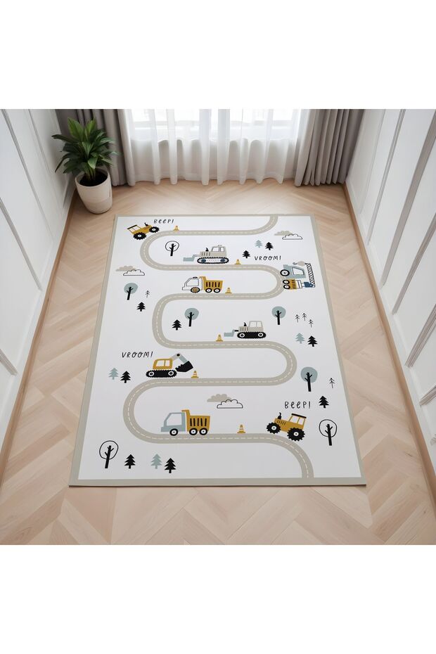İş Makineli Ve Yol Desenli Baskılı 7 Mm Kalınlıkta Çocuk Halısı - 3
