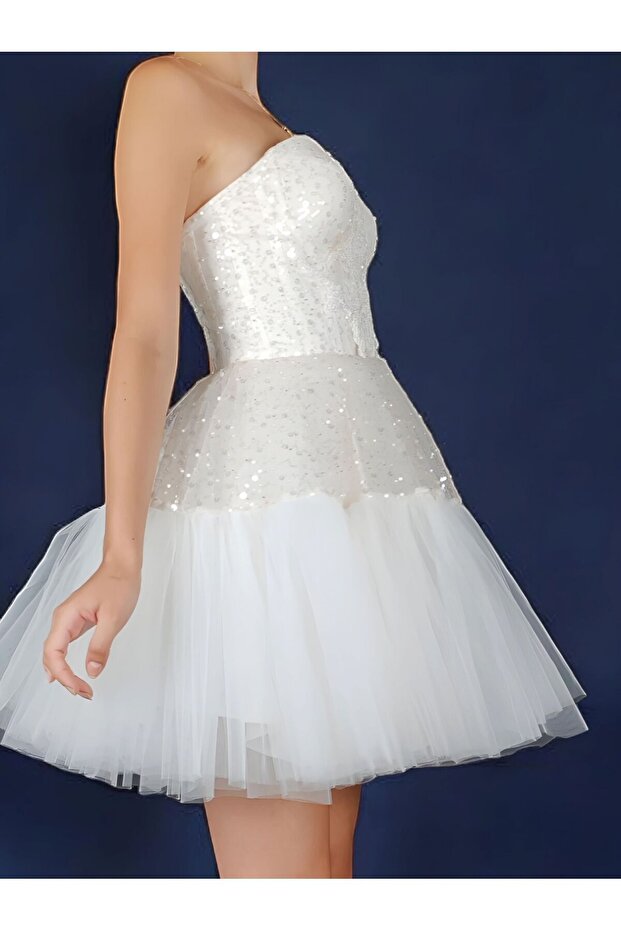 İncili pullu mini kabarık beyaz abiye - 3