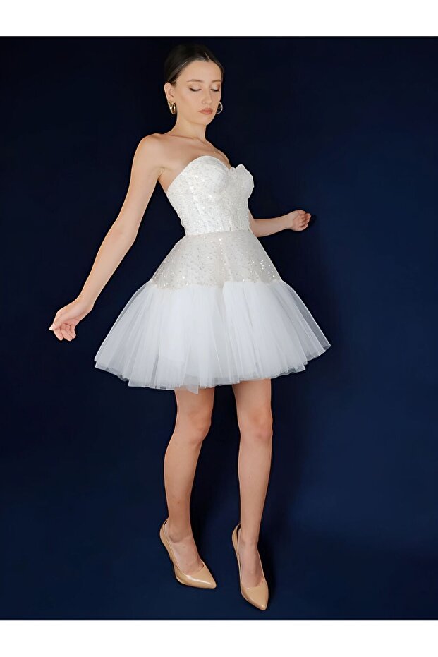 İncili pullu mini kabarık beyaz abiye - 5