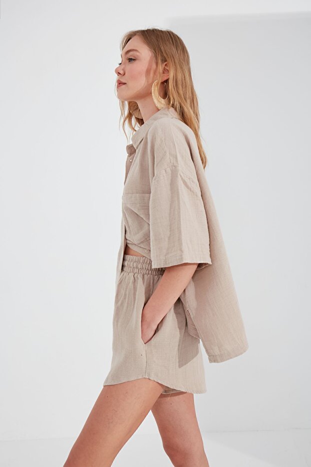 Taş Gömlek Şort 2,li Oversize Takım-9596 - 4