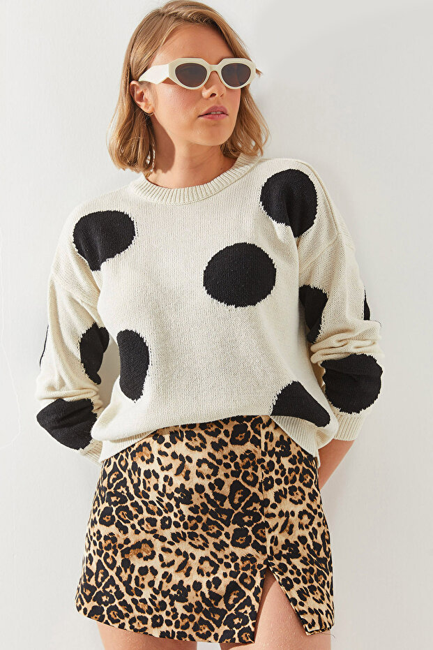 Women's Ecru Polka Dot Knitwear Sweater 20246212