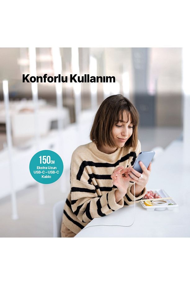 USB-C - USB-C 150cm Uyumlu 100w PD/QC Hızlı Şarj/Data Kablosu Beyaz - 3