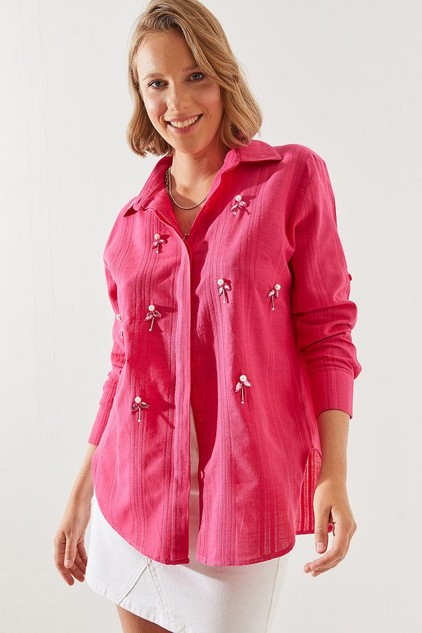 Kadın Taş İnci İşlemeli Oversize Gömlek 5916 60251475 - 2