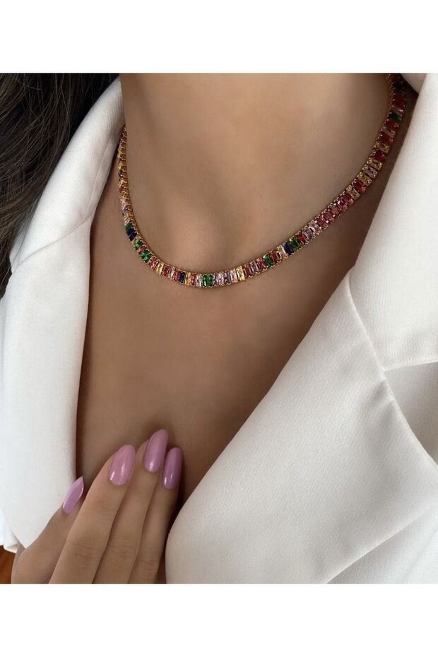 Steel Baguette Stone Colorful Waterway Necklace