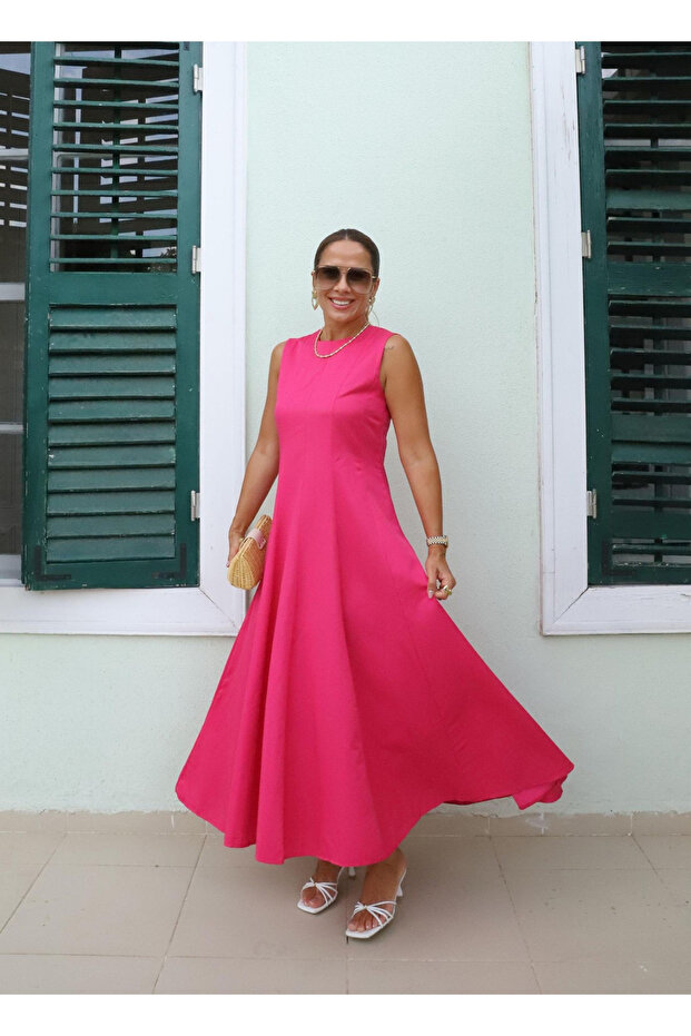 Fukszia hosszú ruha - ujjatlan és csengős modell - 1