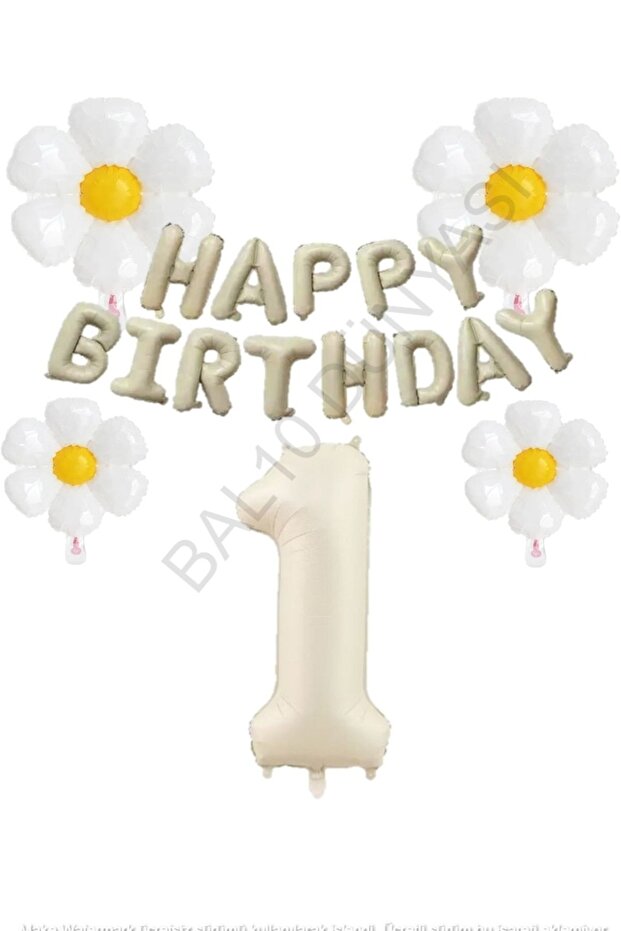 Bal10 Beige Color Happy Birthday Set with Numbers and Daisy Foil Balloons Set Age 1