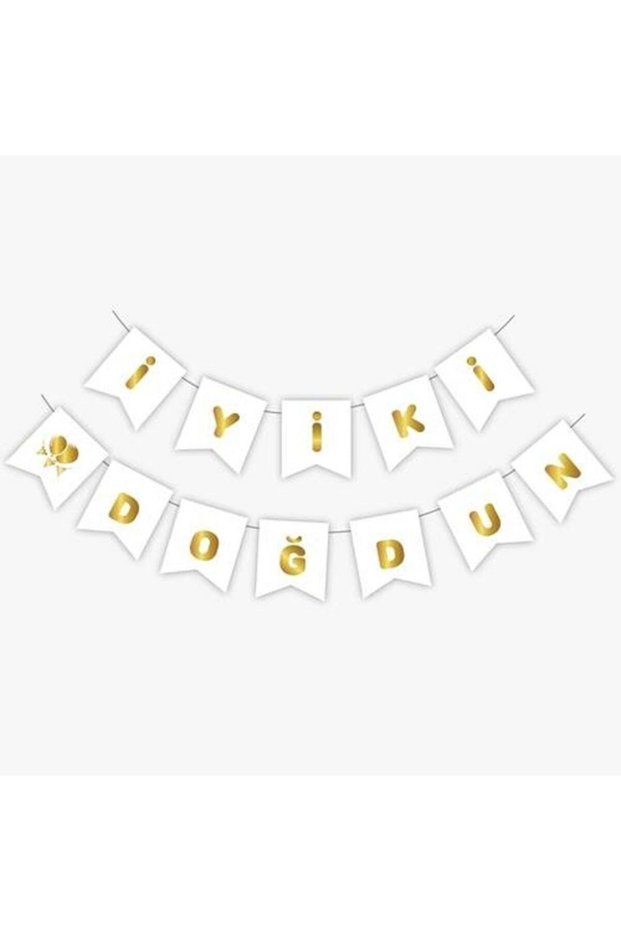 Bal10 Happy Birthday Banner White with Gold Happy Birthday Written Banner